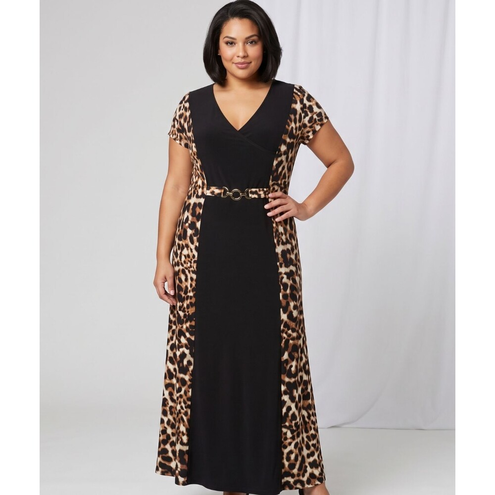Slinky Brand Vintage Leopard Print Short Sleeve Maxi Dress Plus Size 3X